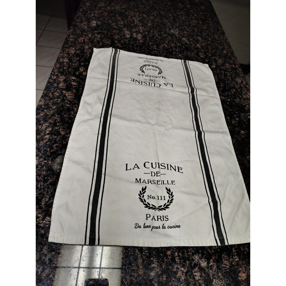 La Cuisine de Marseille French Bistro Cotton Kitchen Towel White Black Stripe